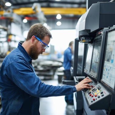 The image features a modern CNC machine shop bustling with activity